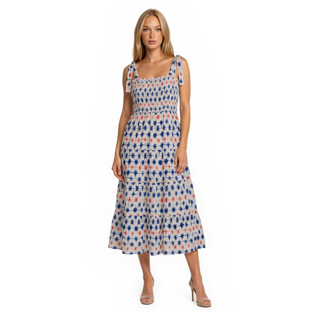 J.Crew Midi Dress Women's Size Medium White Blue Red Tie Dye Smocked 100% Cotton